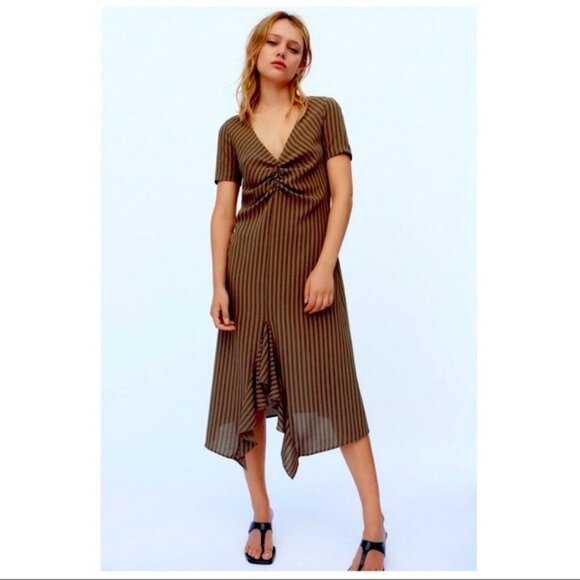 ZARA RUSHED BOHO RUFFLED SHORT SLEEVES BROWN VERTICAL STRIPED MIDI DRESS… - Picture 1 of 16